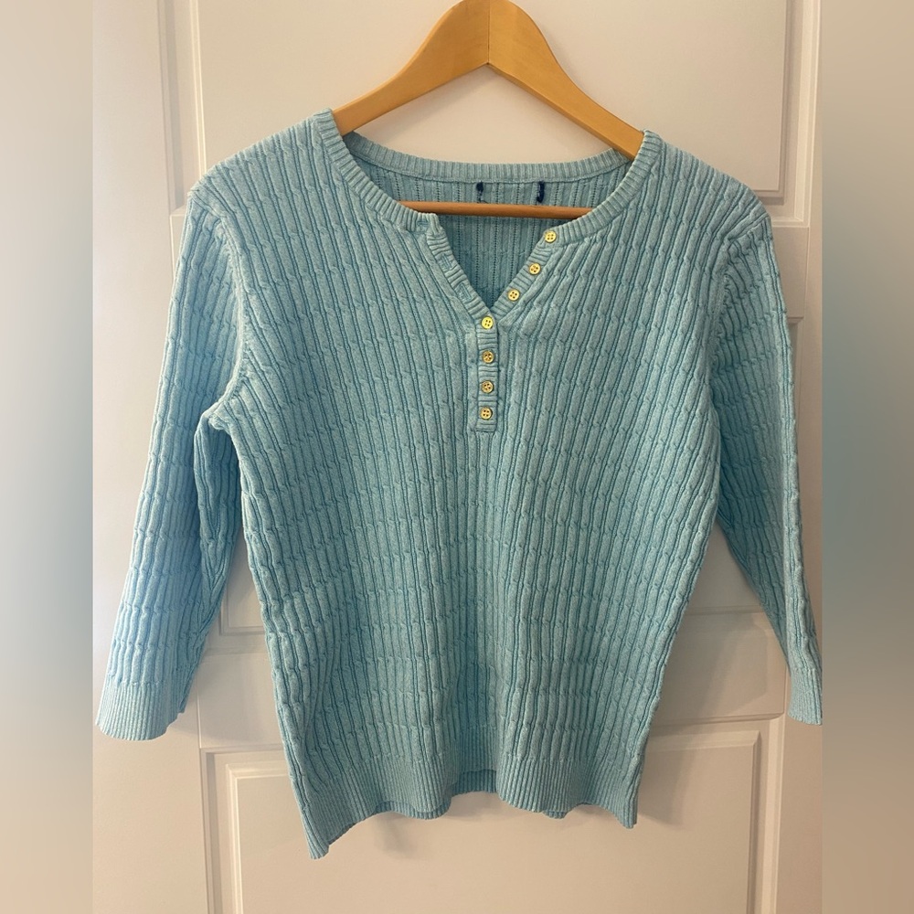 Women’s Aqua Blue Cable Knit Henley Sweater Coastal Grandma Spring Pullover M - Picture 2 of 7